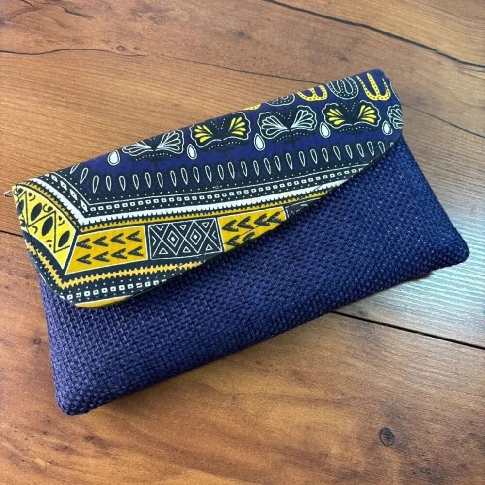 Ethnic African Dashiki Print Envelope Clutch Purse Purple Yellow Woven Tweed